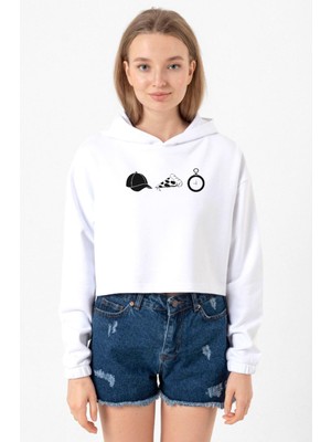 Tshirthane The Walking Dead Glenn Rhee Symbols Beyaz Optik Kadın Crop Kapşonlu