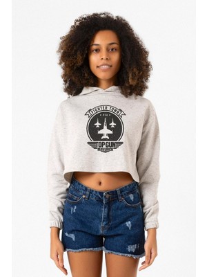Tshirthane Top Gun Maverick Fighter Town Beyaz Kırçıllı Kadın Crop Kapşonlu