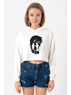 Tshirthane Erased Anime Black White Silhoette Ekru Kadın Crop Kapşonlu