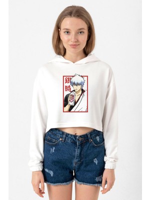 Tshirthane Gintama Anime Gintoki Fruit Juice Ekru Kadın Crop Kapşonlu