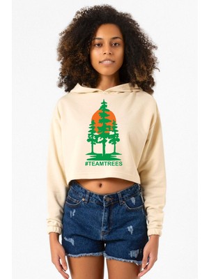 Tshirthane Mr Beast Team Trees Bej Kadın Crop Kapşonlu