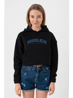 Tshirthane Gen V Godolkin University Letter Siyah Kadın Crop Kapşonlu