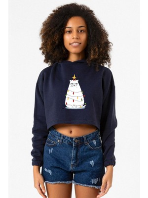 Tshirthane Grumpy Christmas Lacivert Kadın Crop Kapşonlu