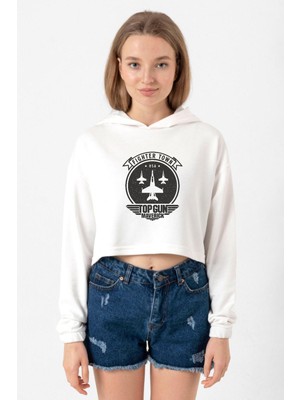 Tshirthane Top Gun Maverick Fighter Town Ekru Kadın Crop Kapşonlu