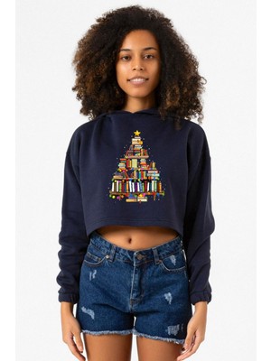 Tshirthane Book Lovers Christmas Lacivert Kadın Crop Kapşonlu