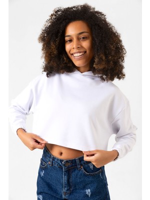 Basic Optik Beyaz Kapüşonlu Crop Sweatshirt