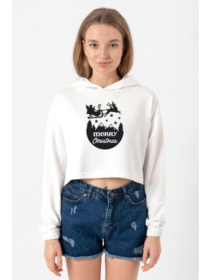 Tshirthane Merry Christmas Sleigh Ekru Kadın Crop Kapşonlu