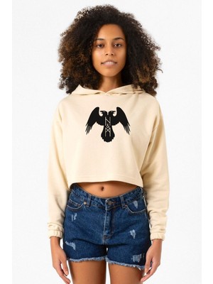 Tshirthane Thor's Ravens Huginn And Muninn Bej Kadın Crop Kapşonlu