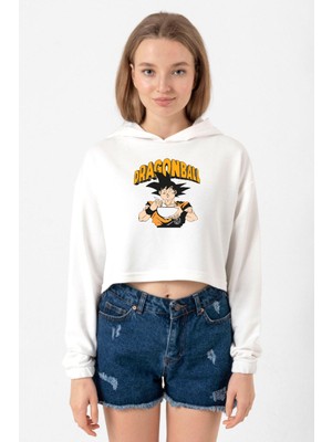 Tshirthane Dragon Ball Z Anime Goku Eating Ramen Ekru Kadın Crop Kapşonlu