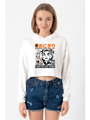 Tshirthane Demon Slayer Anime Super Yummy Ekru Kadın Crop Kapşonlu