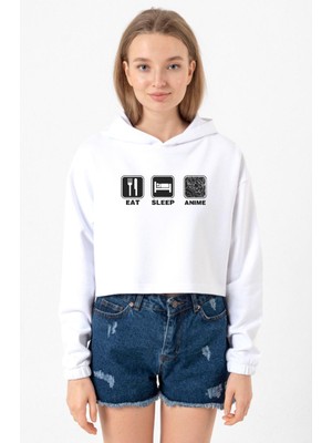 Tshirthane Eat Sleep Anime Beyaz Optik Kadın Crop Kapşonlu