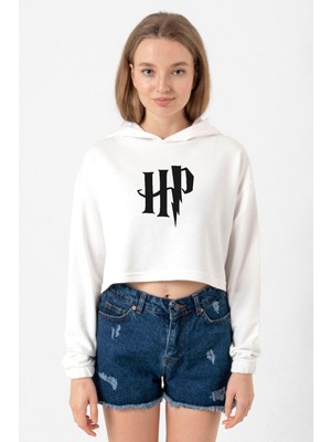 Tshirthane Hp Logo Ekru Kadın Crop Kapşonlu