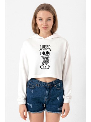 Tshirthane Jack Skellington I Need Candy Ekru Kadın Crop Kapşonlu