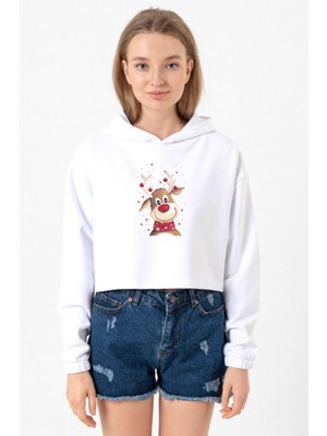 Tshirthane Watercolor Christmas Deer Beyaz Optik Kadın Crop Kapşonlu