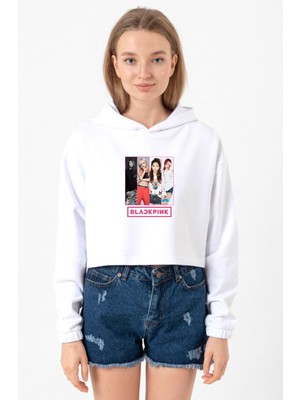 Tshirthane Black Pink Band Beyaz Optik Kadın Crop Kapşonlu