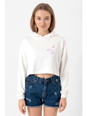 Tshirthane Blackpink Rose Signature Ekru Kadın Crop Kapşonlu