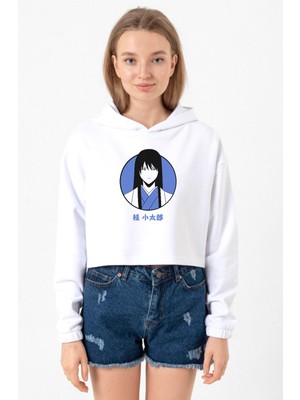 Tshirthane Gintama Anime Kotaro Minimal Beyaz Optik Kadın Crop Kapşonlu
