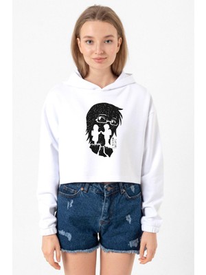 Tshirthane Erased Anime Black White Silhoette Beyaz Optik Kadın Crop Kapşonlu