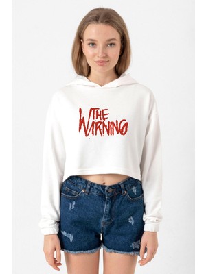 Tshirthane The Warning Logo Ekru Kadın Crop Kapşonlu