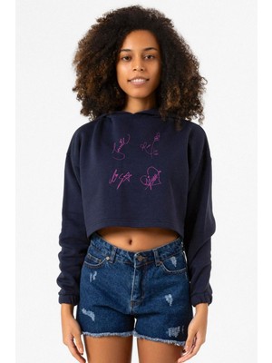 Tshirthane Blackpink Members Signatures Lacivert Kadın Crop Kapşonlu