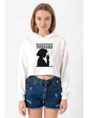 Tshirthane Pulp Fiction  Goddamn Ekru Kadın Crop Kapşonlu