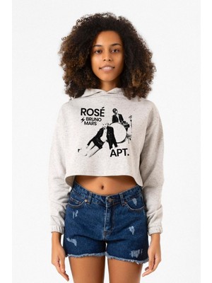 Tshirthane Beyaz Blackpınk Rose Bruno Mars Apt Kırçıllı Kadın Crop Kapşonlu