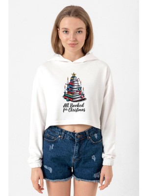 Tshirthane All Booked For Christmas Ekru Kadın Crop Kapşonlu