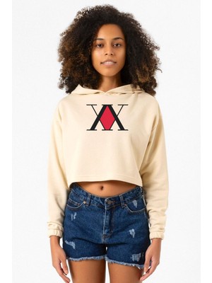 Tshirthane Hunter x Hunter Anime Logo Bej Kadın Crop Kapşonlu