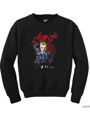 Wakha Stanger Things Cartoon Siyah Sweatshirt