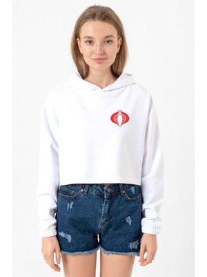 Tshirthane Cobra Kai Logo Beyaz Optik Kadın Crop Kapşonlu