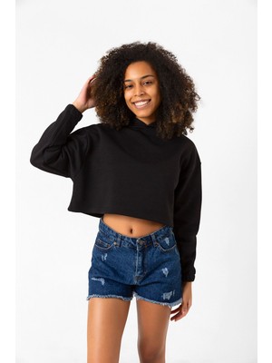Basic Siyah Kapüşonlu Crop Sweatshirt