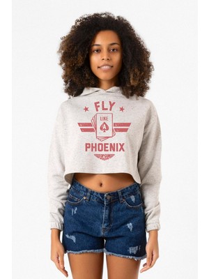 Tshirthane Top Gun Maverick Fly Like A Phoenix Beyaz Kırçıllı Kadın Crop Kapşonlu