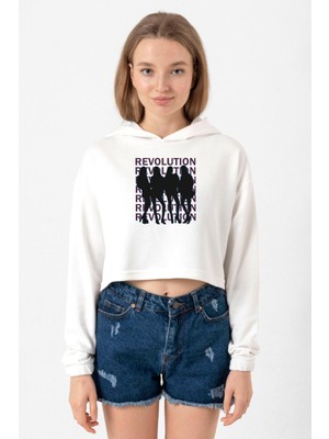 Tshirthane Blackpink Revolution Ekru Kadın Crop Kapşonlu