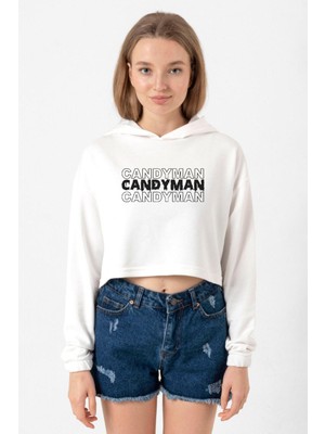Tshirthane Candy Man Halloween Ekru Kadın Crop Kapşonlu