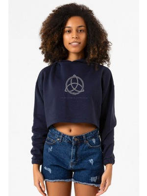 Tshirthane Dark Everything Is Connected Lacivert Kadın Crop Kapşonlu