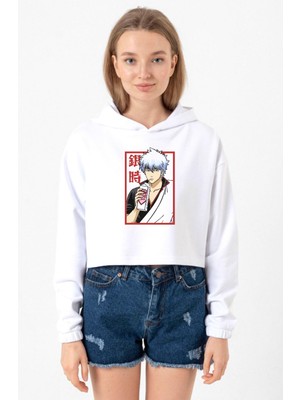 Tshirthane Gintama Anime Gintoki Fruit Juice Beyaz Optik Kadın Crop Kapşonlu