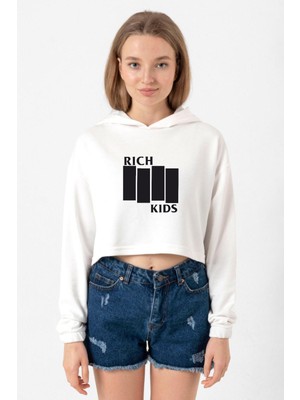 Tshirthane G-Dragon Rich Kids Ekru Kadın Crop Kapşonlu