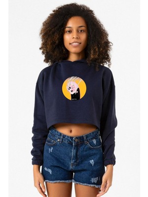 Tshirthane Meovv Meow Lacivert Kadın Crop Kapşonlu