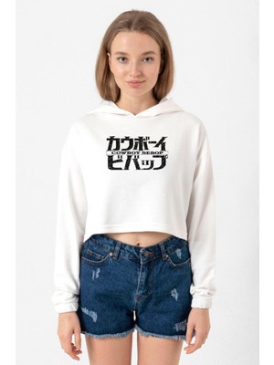 Tshirthane Cowboy Bebop Retro Letter Logo Ekru Kadın Crop Kapşonlu