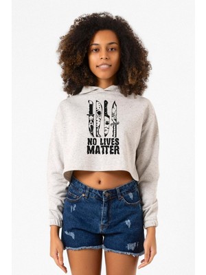 Tshirthane Horror Knifes No Live Matter Beyaz Kırçıllı Kadın Crop Kapşonlu