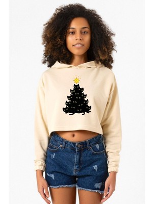 Tshirthane Meowy Christmas Bej Kadın Crop Kapşonlu