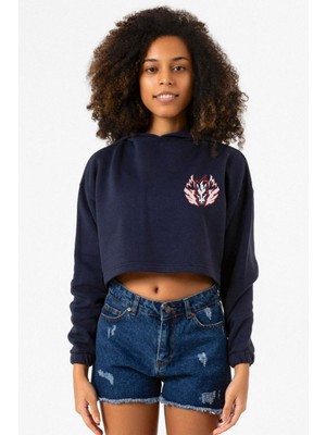 Tshirthane Beyblade Pegasus Minimalist Lacivert Kadın Crop Kapşonlu