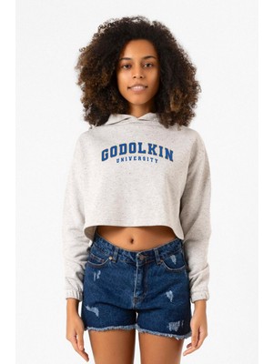 Tshirthane Gen V Godolkin University Letter Beyaz Kırçıllı Kadın Crop Kapşonlu
