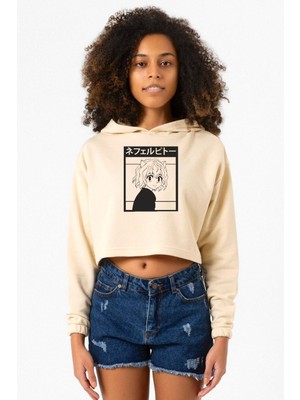 Tshirthane Hunter x Hunter Anime Neferpitou Bej Kadın Crop Kapşonlu