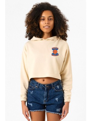 Tshirthane Dubious Handles Logo Bej Kadın Crop Kapşonlu