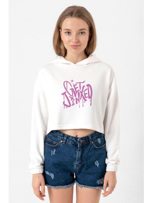 Tshirthane Arcane Get Jinxed Ekru Kadın Crop Kapşonlu