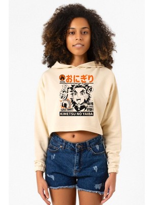 Tshirthane Demon Slayer Anime Super Yummy Bej Kadın Crop Kapşonlu