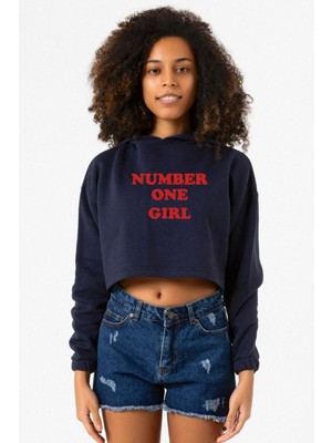 Tshirthane Rose Number One Girl Lacivert Kadın Crop Kapşonlu