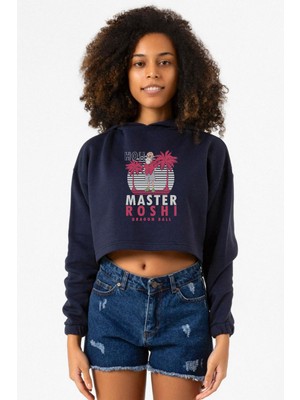 Tshirthane Dragon Ball Z Anime Master Roshi Ho!! Lacivert Kadın Crop Kapşonlu