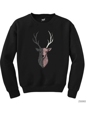 Wakha Geyik Çizim Siyah Sweatshirt